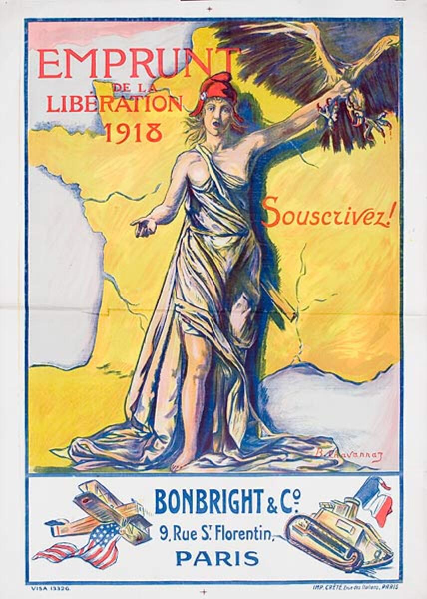 Emprunt de le Liberation Bonbright and Co Plane Tank Original French WWI Poster 