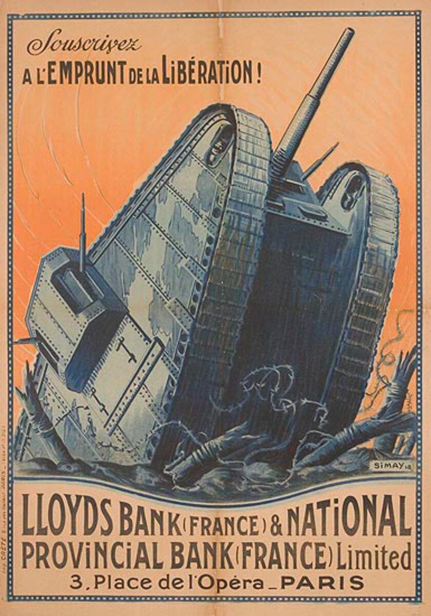 Lloyds Bank and National Provincial Bank Original WWI French Loan Poster Tank 