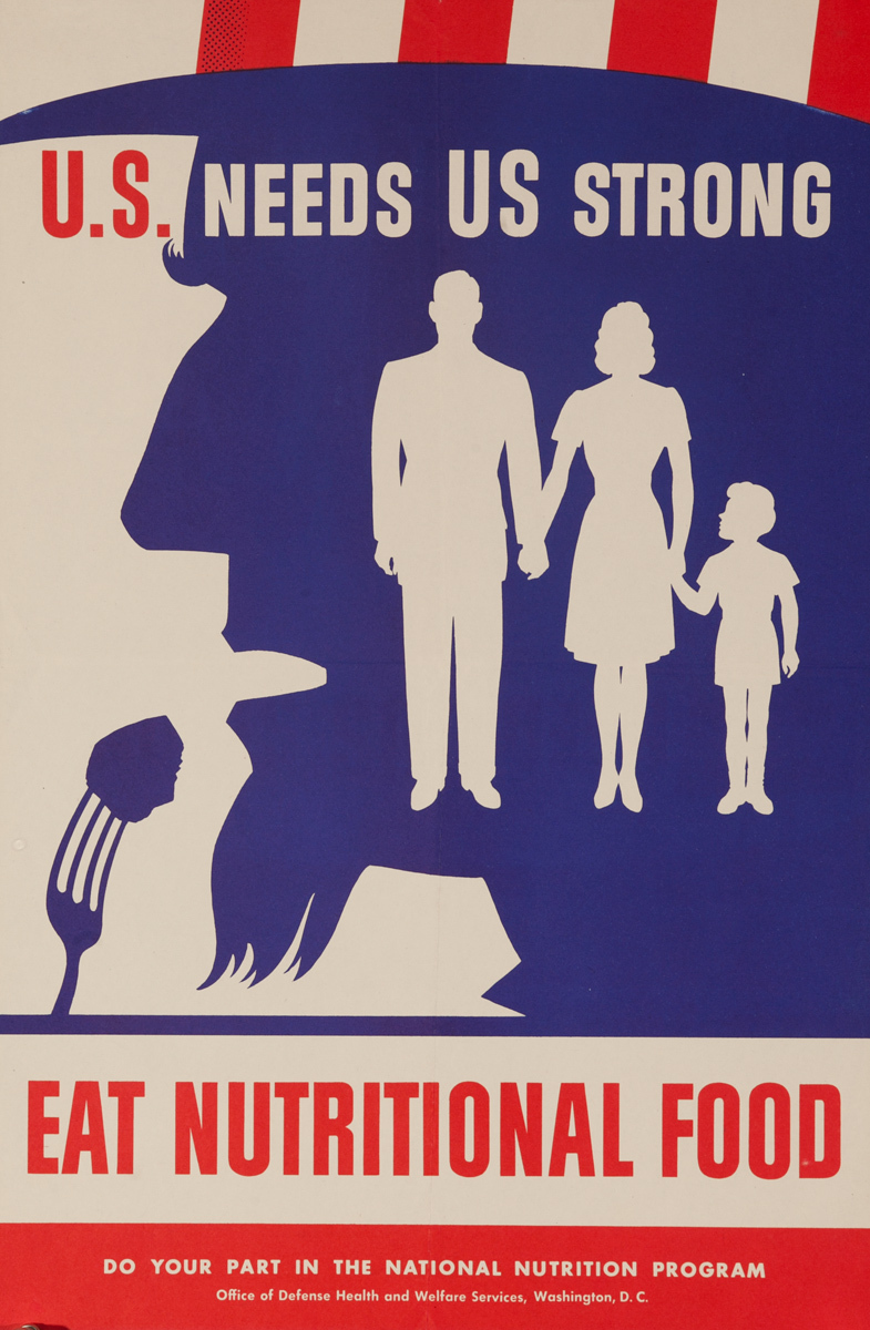U.S. Needs Us Strong Eat Nutritional Food Original WWII Uncle Sam Homefront Poster