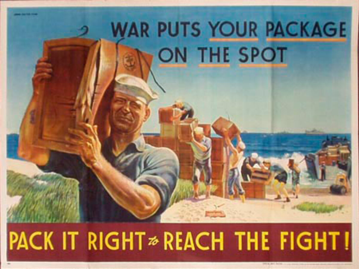 War Puts Your Package on the Spot, Pack It Right Original Vintage WWII Poster 