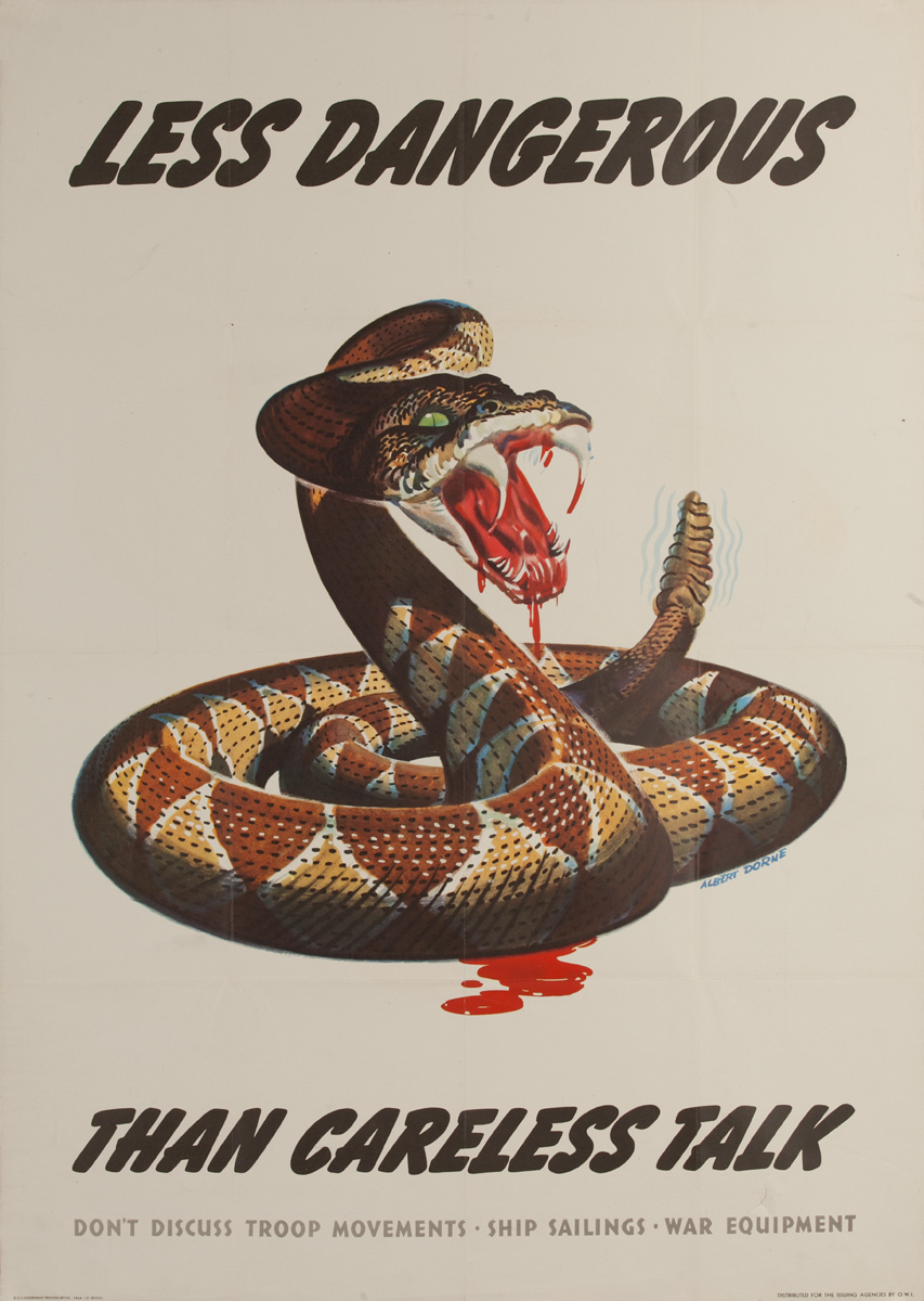 Less Dangerous Than Careless Talk, Rattlesnake Original Vintage WWII Poster 