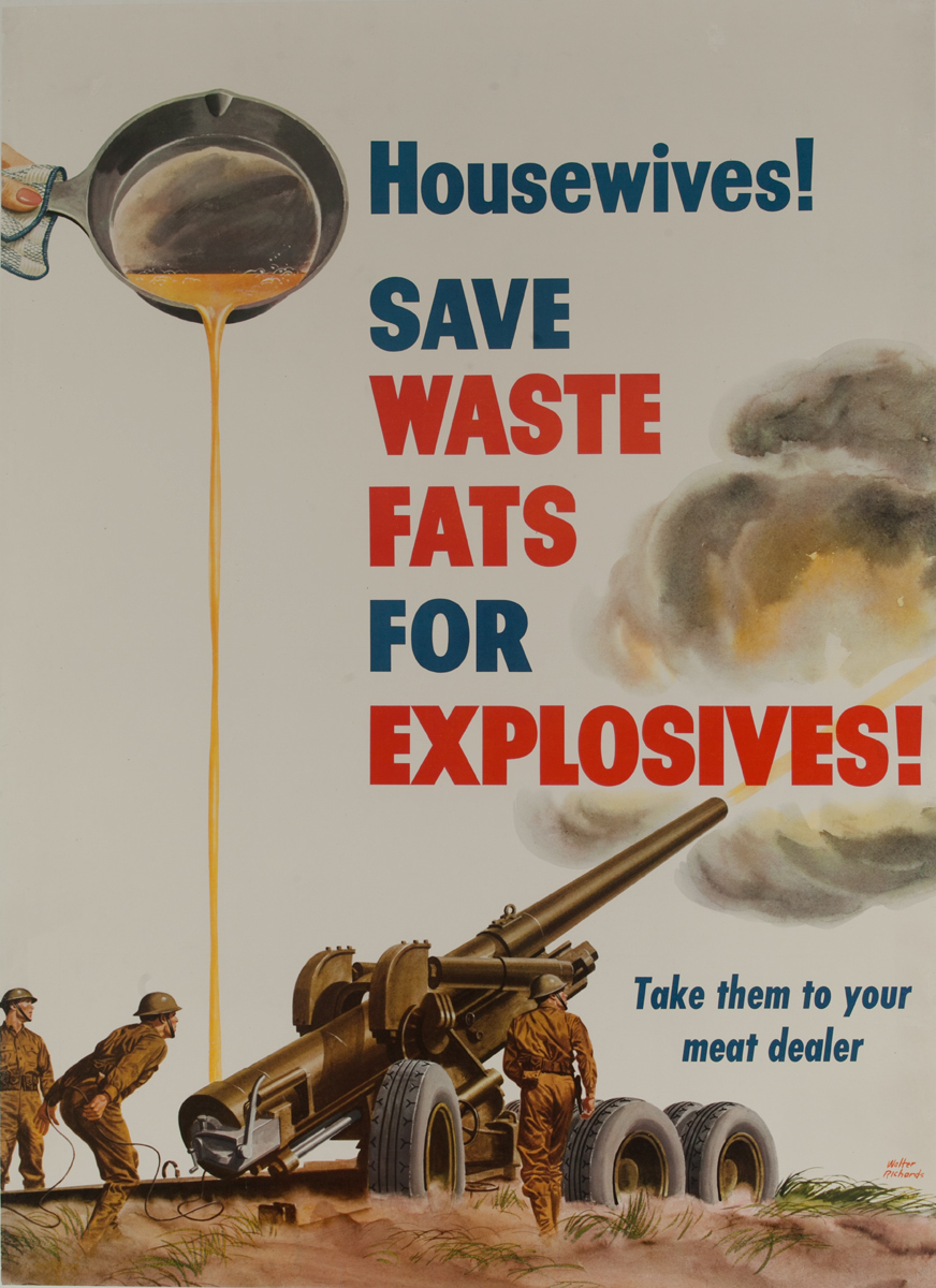 Housewives, Save Waste Fat For Explosives Original WWII American Home Front Poster