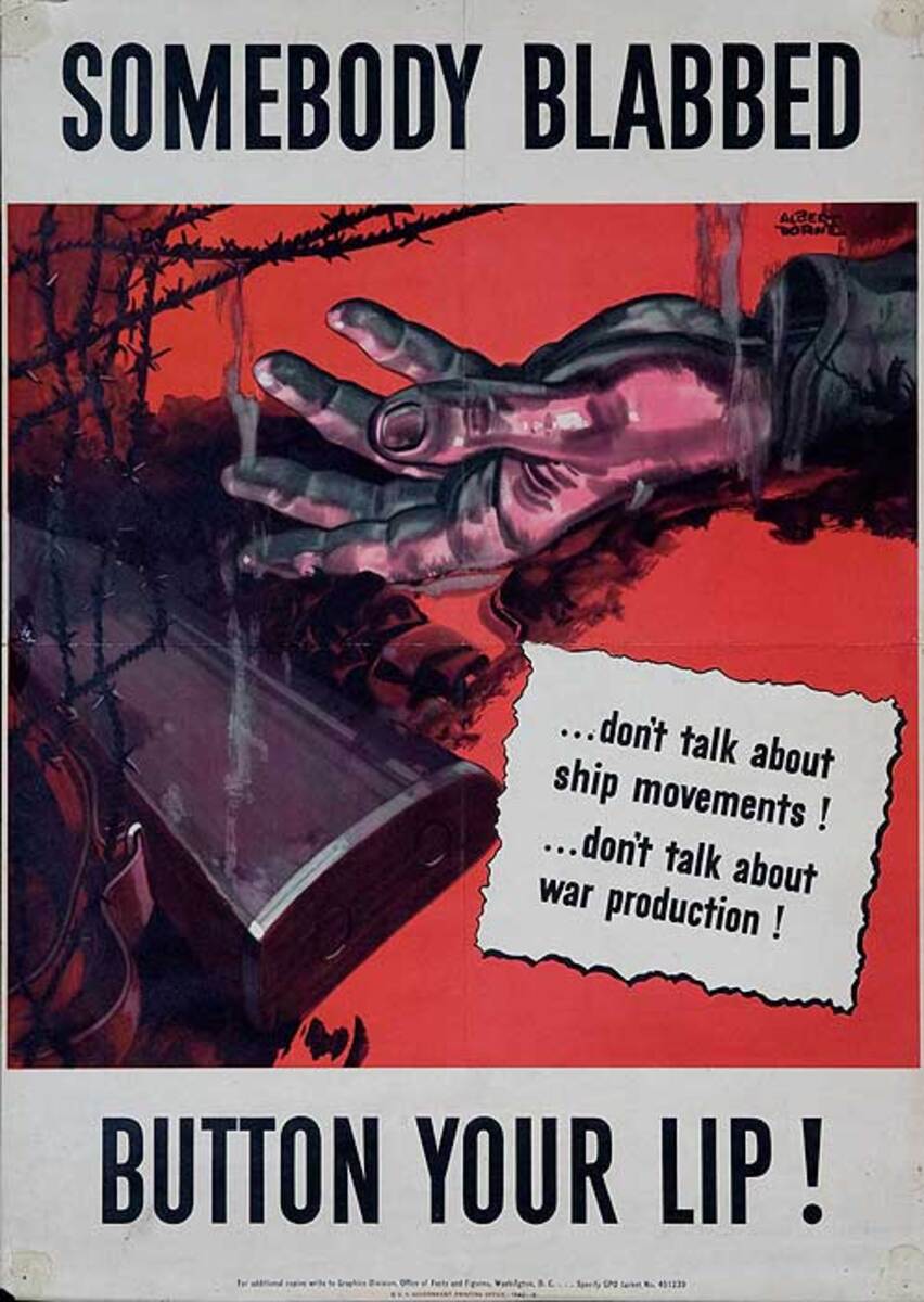 Someone Blabbed Button Your Lip! Original WWII Homefront Security Poster
