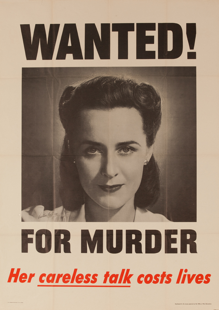 Wanted! For Murder, Her Careless Talk Costs Lives. Original America WWII Homefront Poster