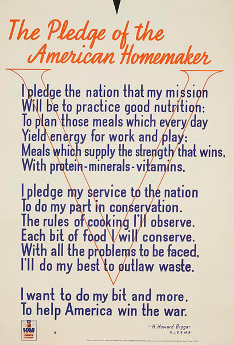 Pledge of the American Homemaker Original American WWII Homefront Nutrition Poster