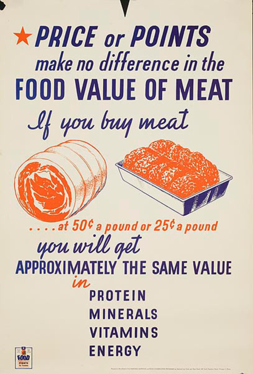 Food Value of Meat Original American WWII Homefront Nutrition Poster