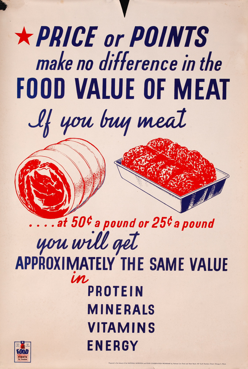 Food Value of Meat Original American WWII Homefront Nutrition Poster