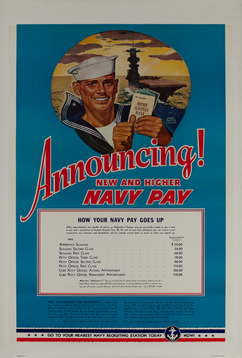 Announcing New and Higher Navy Pay, Original Pre-WWII American Recruiting Poster