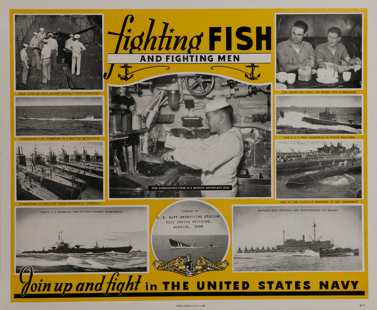 Fighting Fish and Fighting Men Join Up And Fight Original American WWII Navy Recruiting Poster