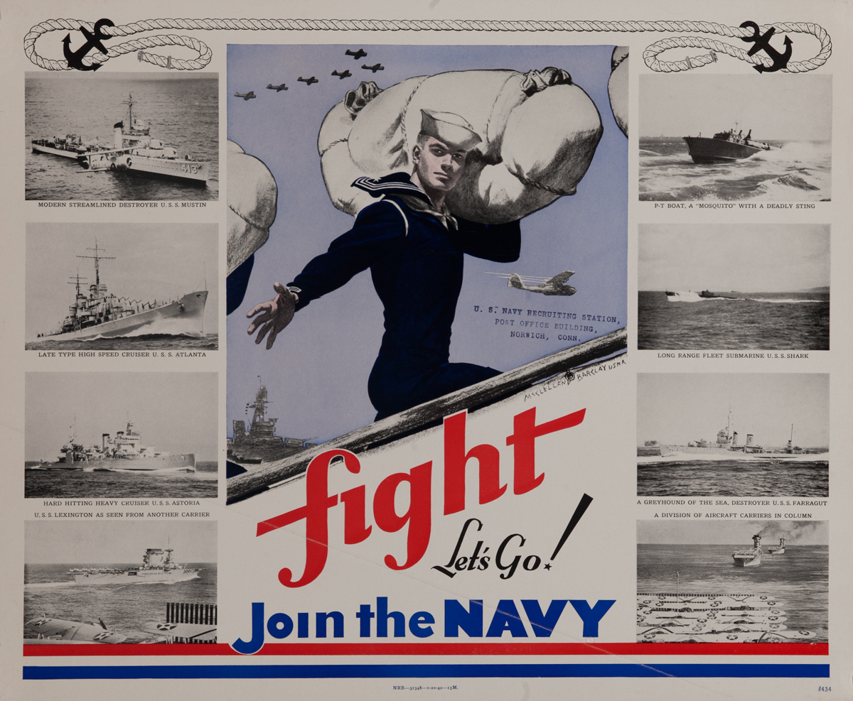 Fight Let's Go Join The Navy Original American WWII Recruiting Poster