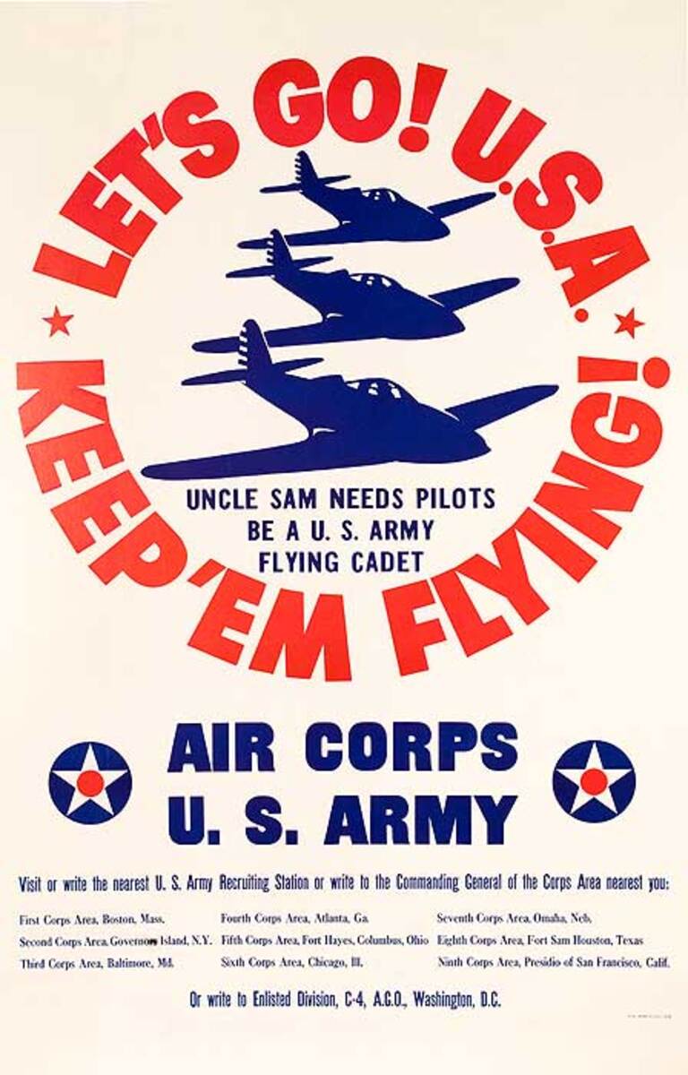 Let's Go USA Keep 'Em Flying Original American U S Army Air Corps Recruiting Poster