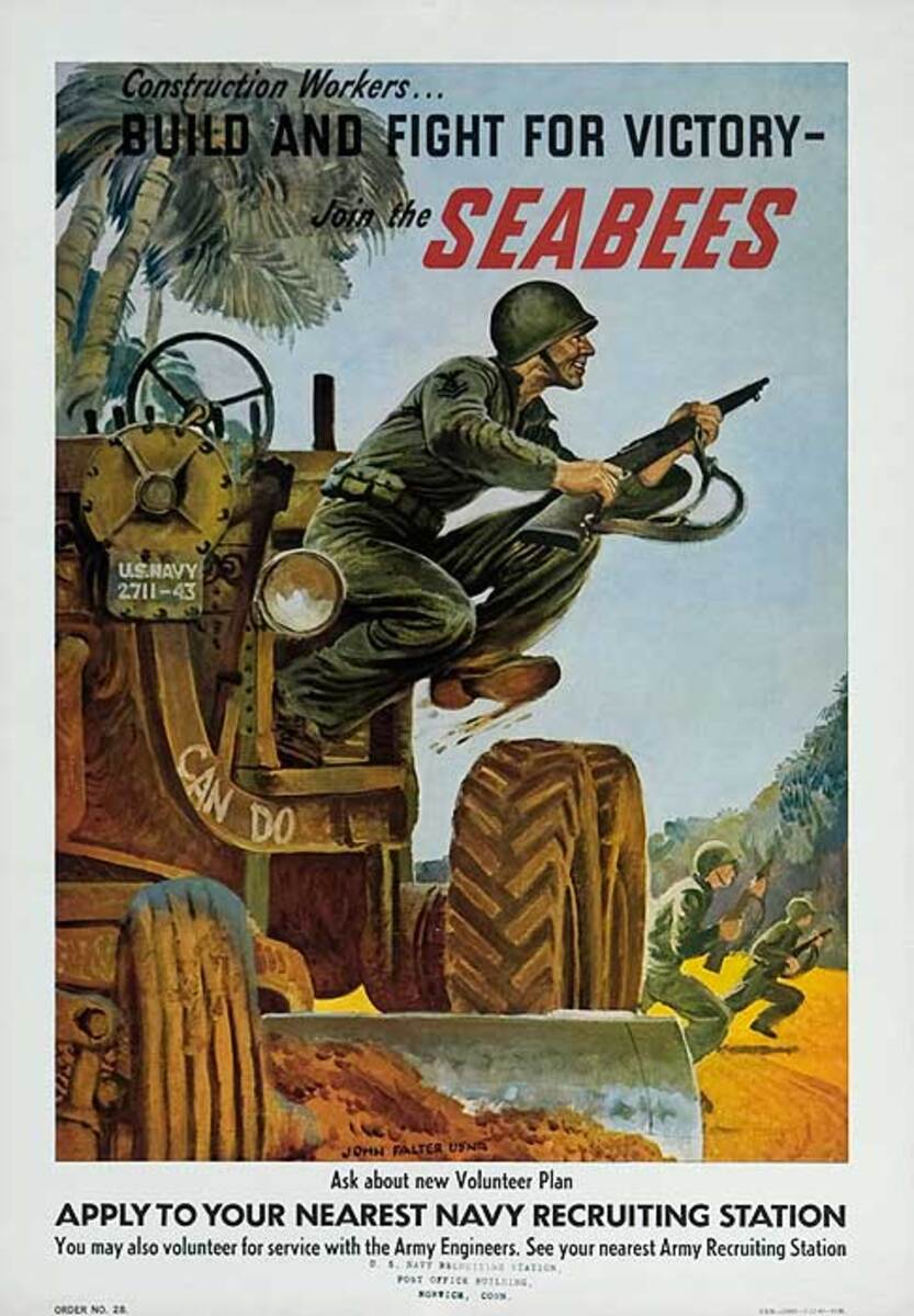 Build and Fight for Victory Join the Seabees Original American WWII Navy Recruiting Poster