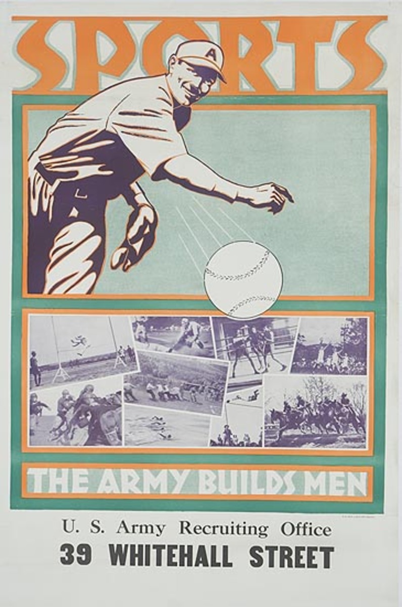 The Army Builds Men Baseball Sports Original pre WWII Recruit ing Poster