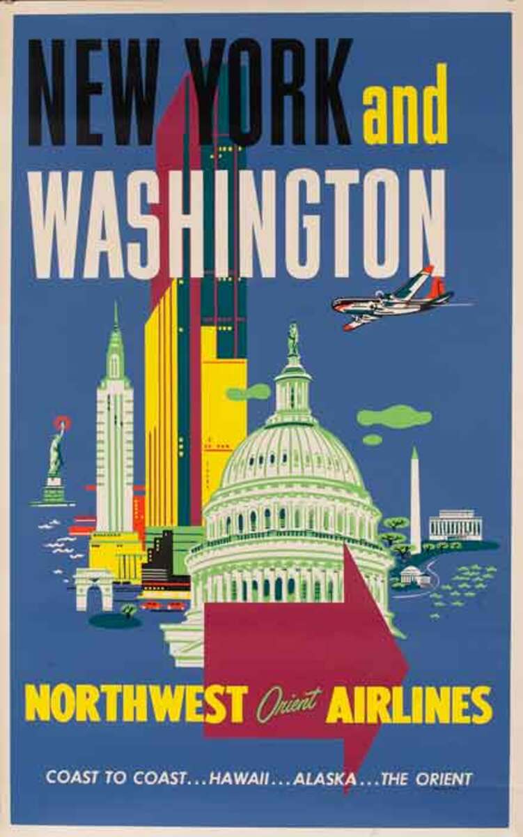 Northwest Orient Airlines Original Travel Poster New York and Washington DC