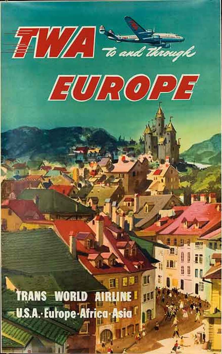 TWA Trans World Airline To and Through Europe Original Travel Poster