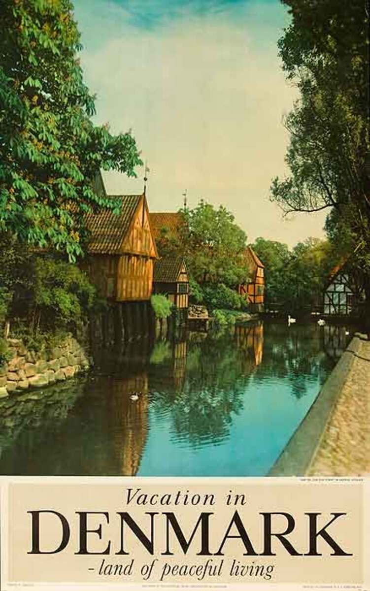 Vacation in Denmark Original Travel Poster Canal Scene Photo