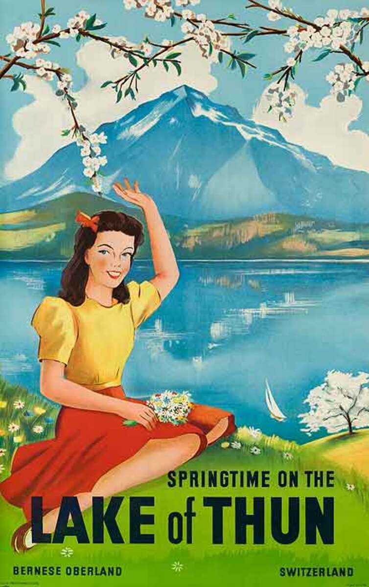 Springtime on the Lake of Thun Switzerland Original Travel poster