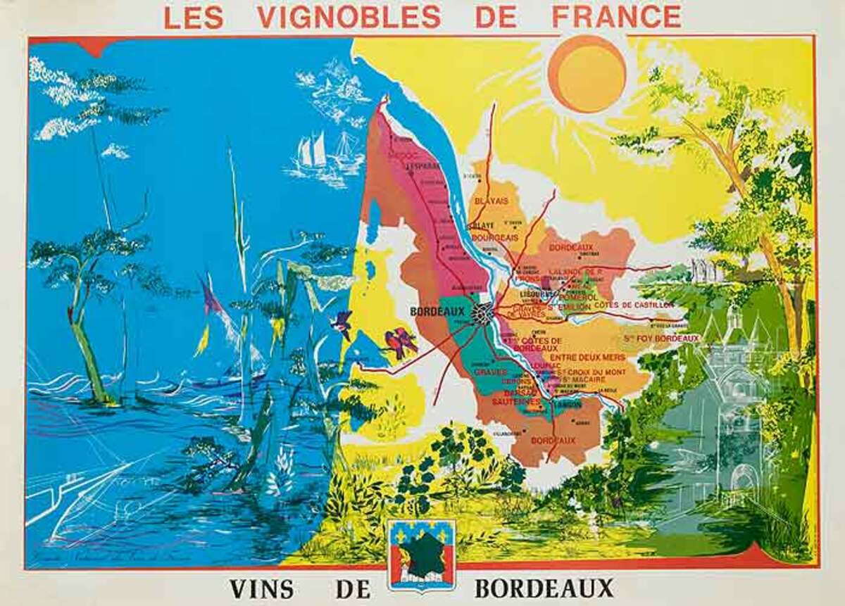 Les Vignobles de France Original French Travel Poster Map Bordeaux