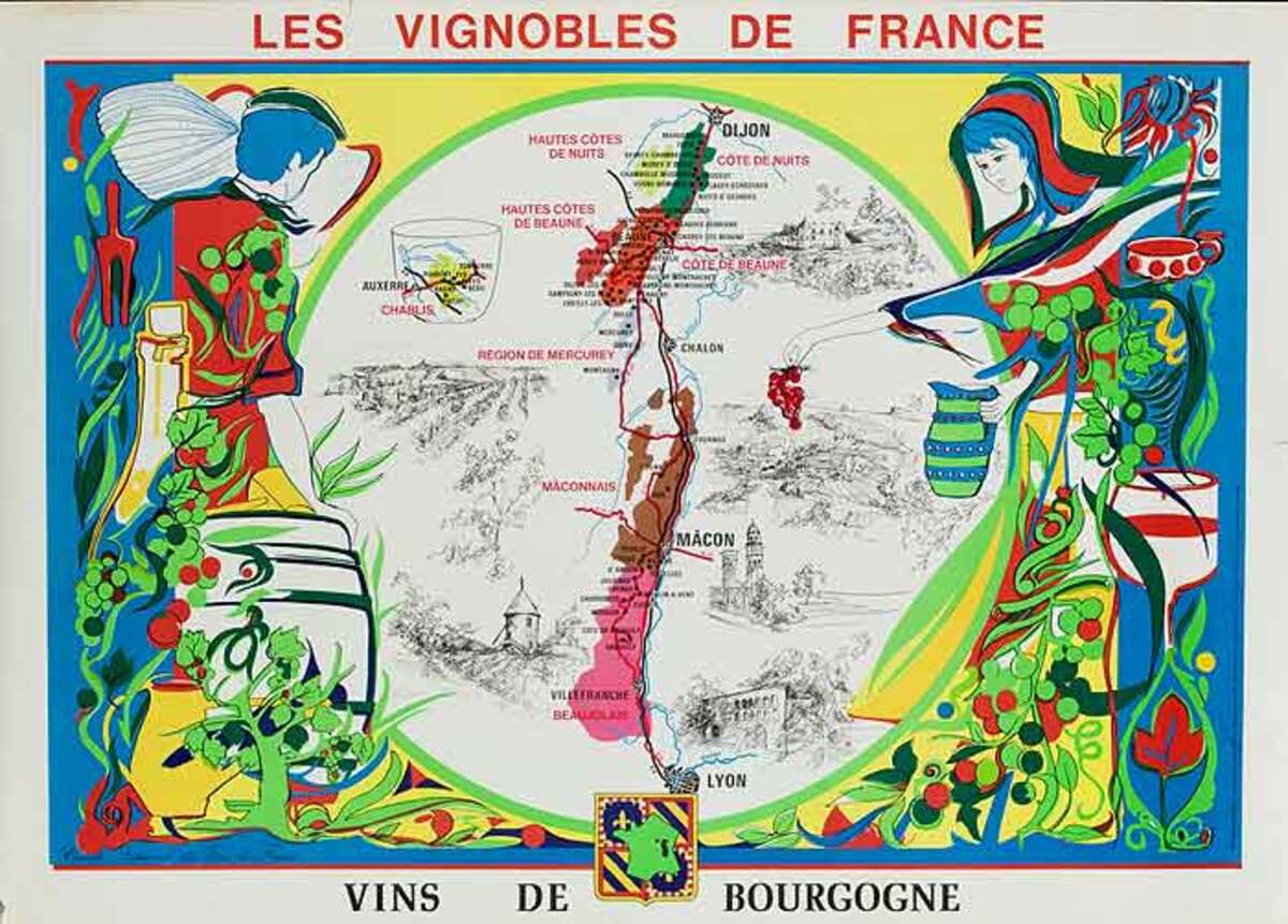 Les Vignobles de France Original French Travel Poster Map Bourgogne