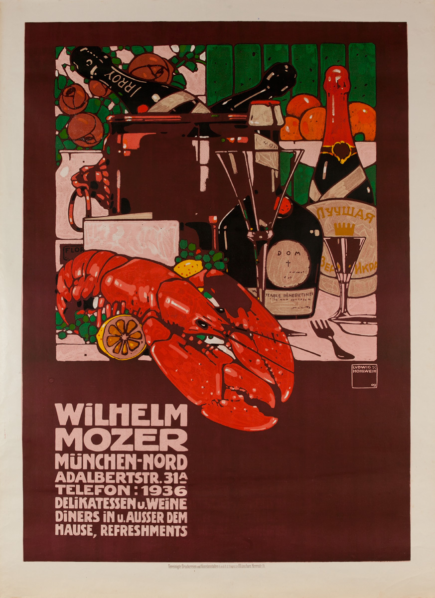Wilhelm Mozer  Munchen Original Restaurant Advertising Poster Lobster