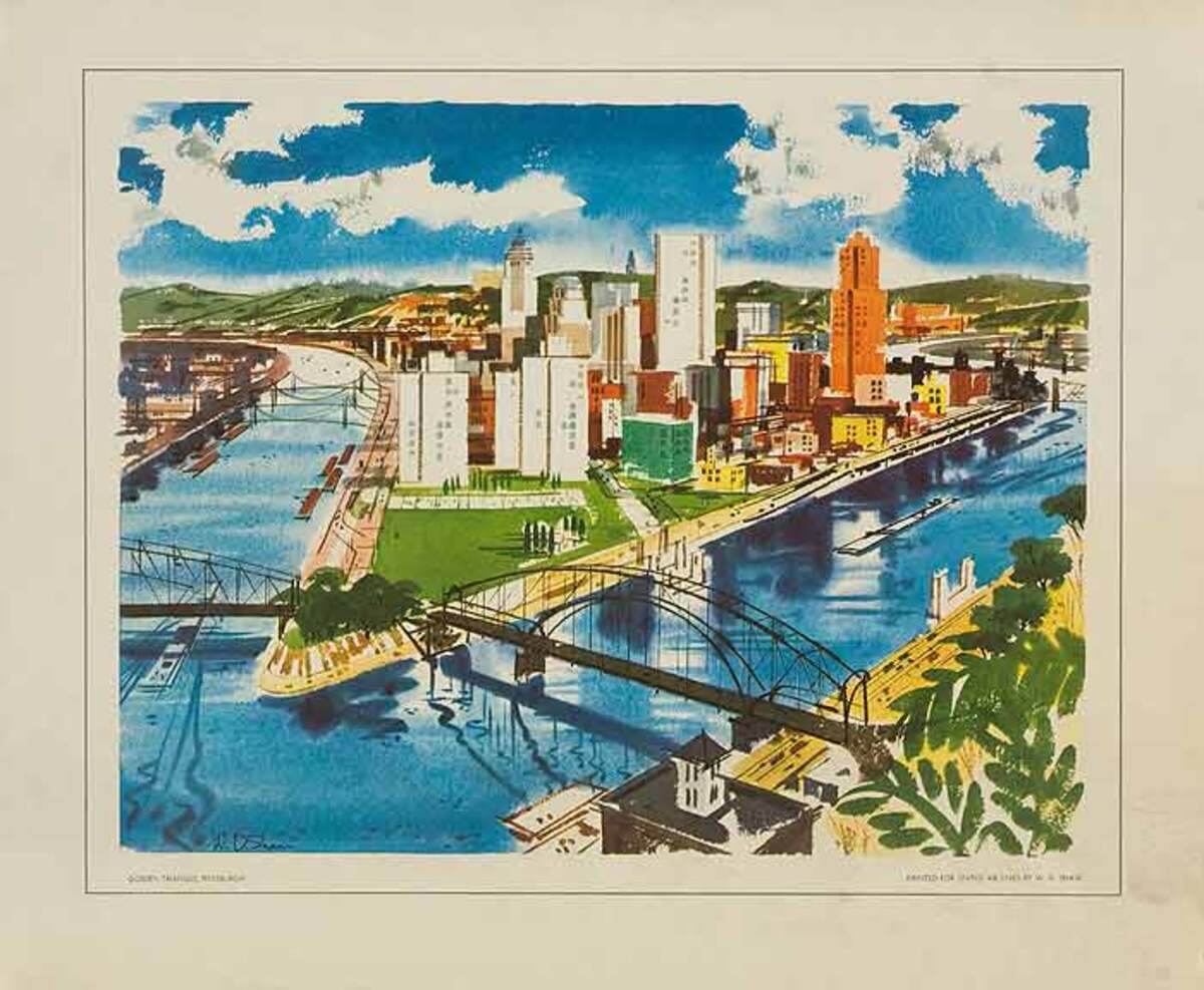 United Airlines Small Sized Original Travel Print Pittsburgh 3 Rivers