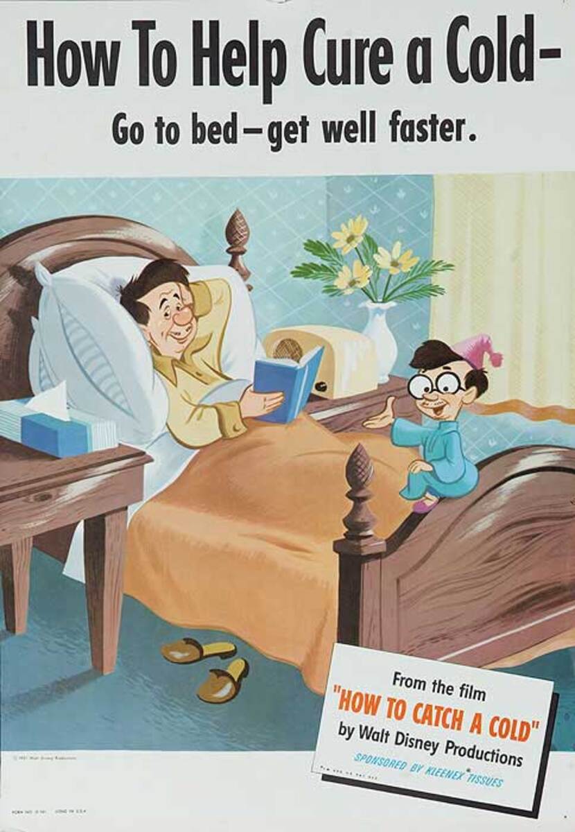 Disney How to Help Cure a Cold Original American Health Poster Go to Bed Get Well Faster