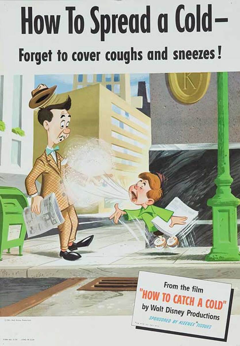 Disney How to Spread Cold Original American Health Poster Forget to Cover Coughs and Sneeses.