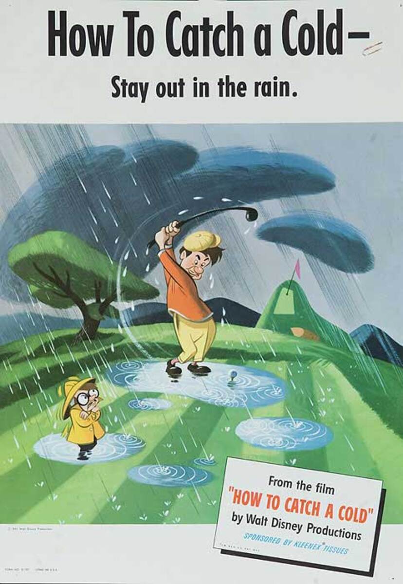 Disney How to Catch a Cold Original American Health Poster Stay Out in the Rain Golf