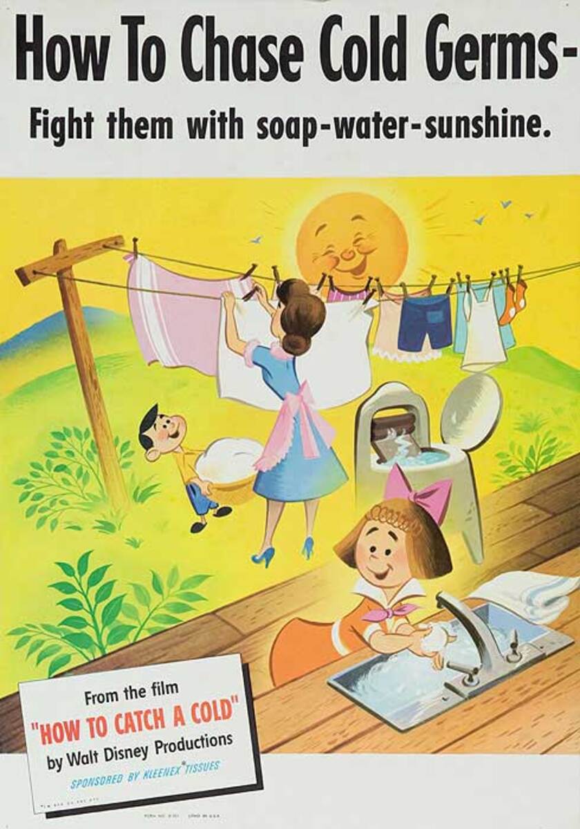 Disney How to Chase Cold Germs Original American Health Poster Fight Them With Soap-Water-Sunshine