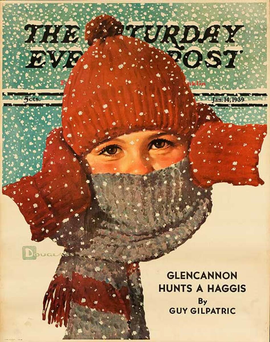 The Saturday Evening Post Original Advertising Poster kid with scarf  Jan 14, 1939