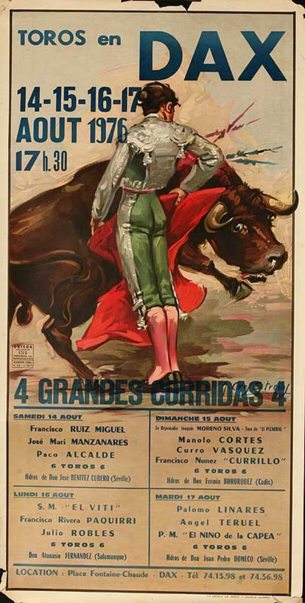 Toros en Dax August 1976 Original Spanish Bullfight Poster