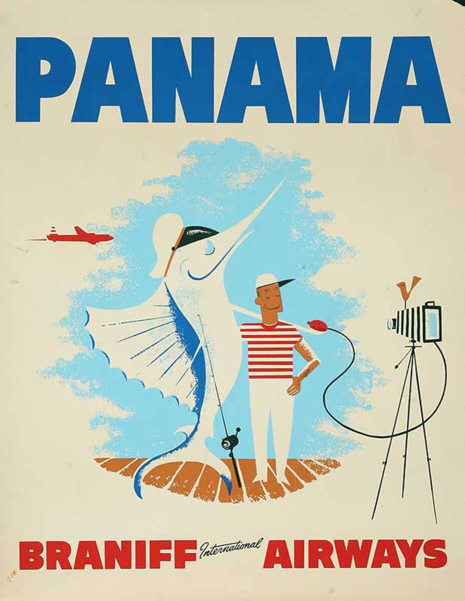 Braniff Airlines Panama Original Travel Poster Prize Fish Photo 