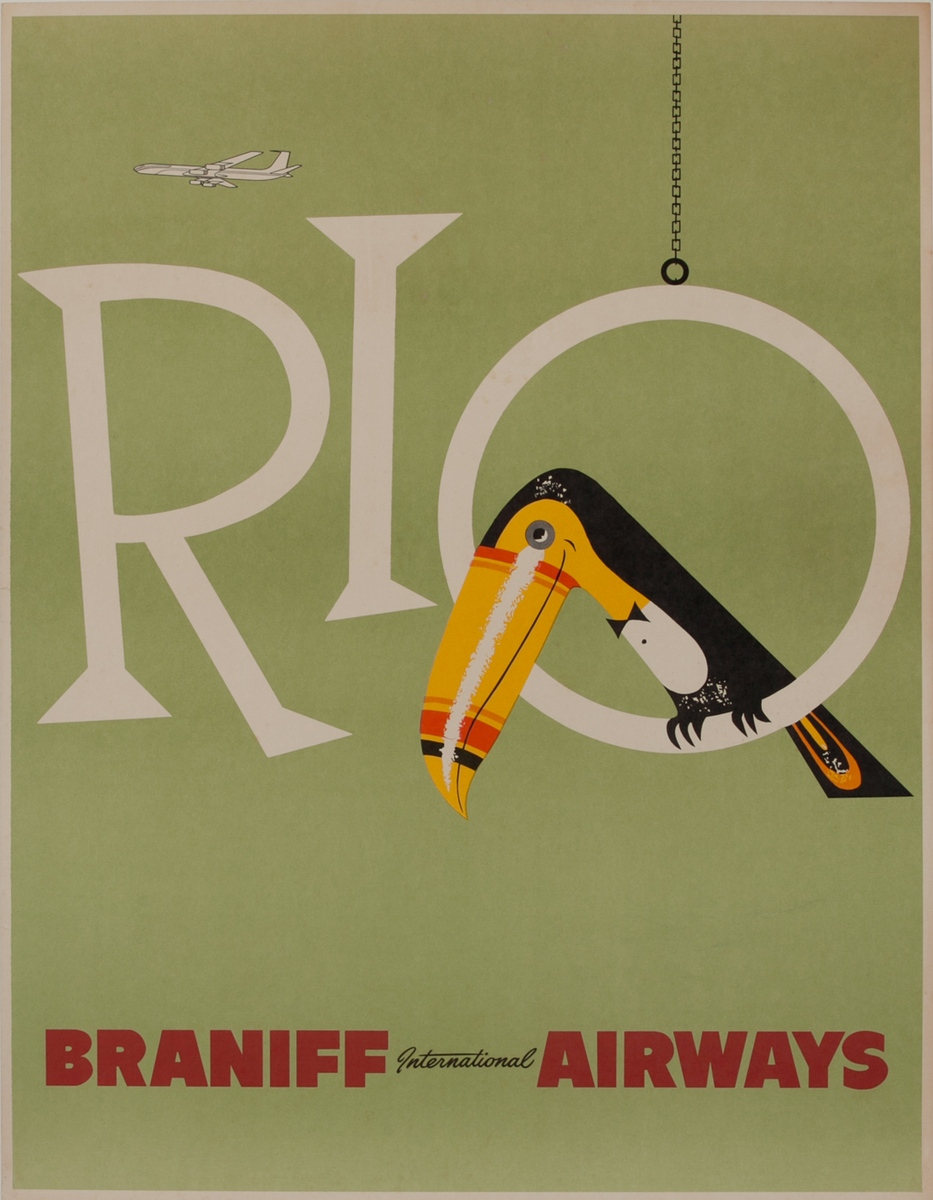 Braniff Rio de Janeiro Brazil Original Travel Poster Toucan