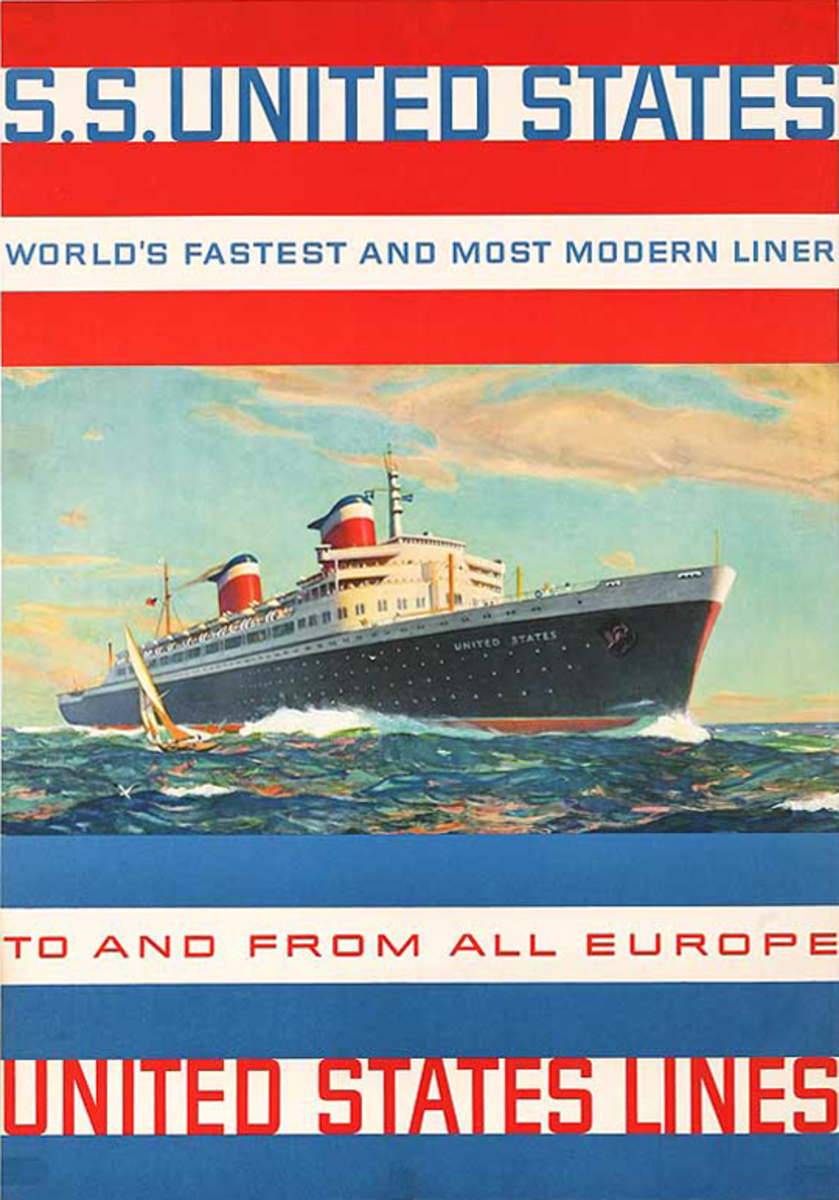 United States Lines To and From Europe Original Cruise Line Travel Poster