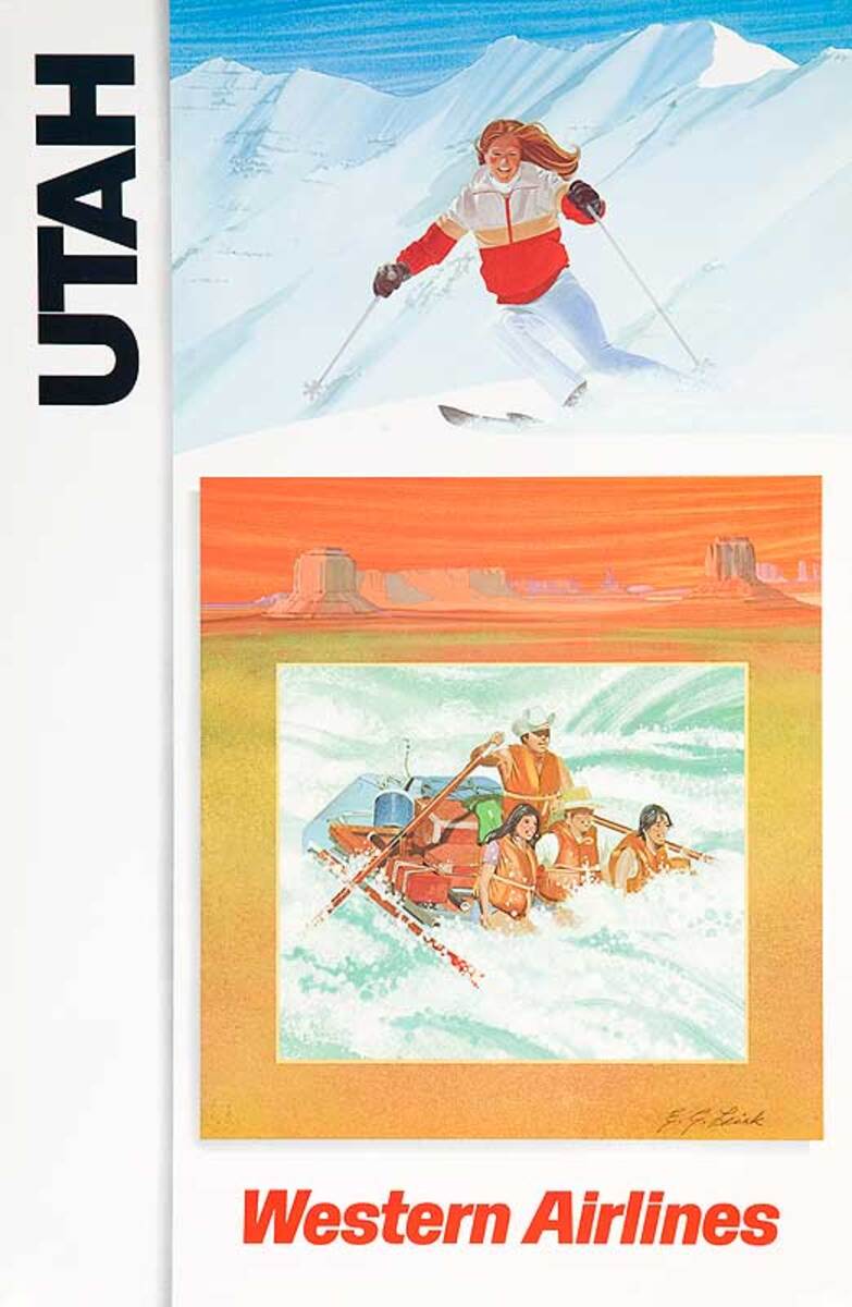 Original Western Airlines Travel Poster Utah Summer Winter Sports Ski Raft