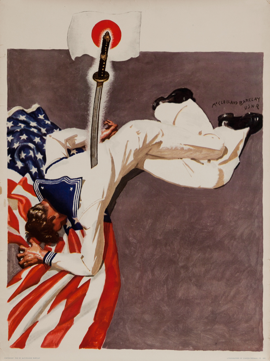 Original WWII Poster Sailor Stabbed by Japanese Sword