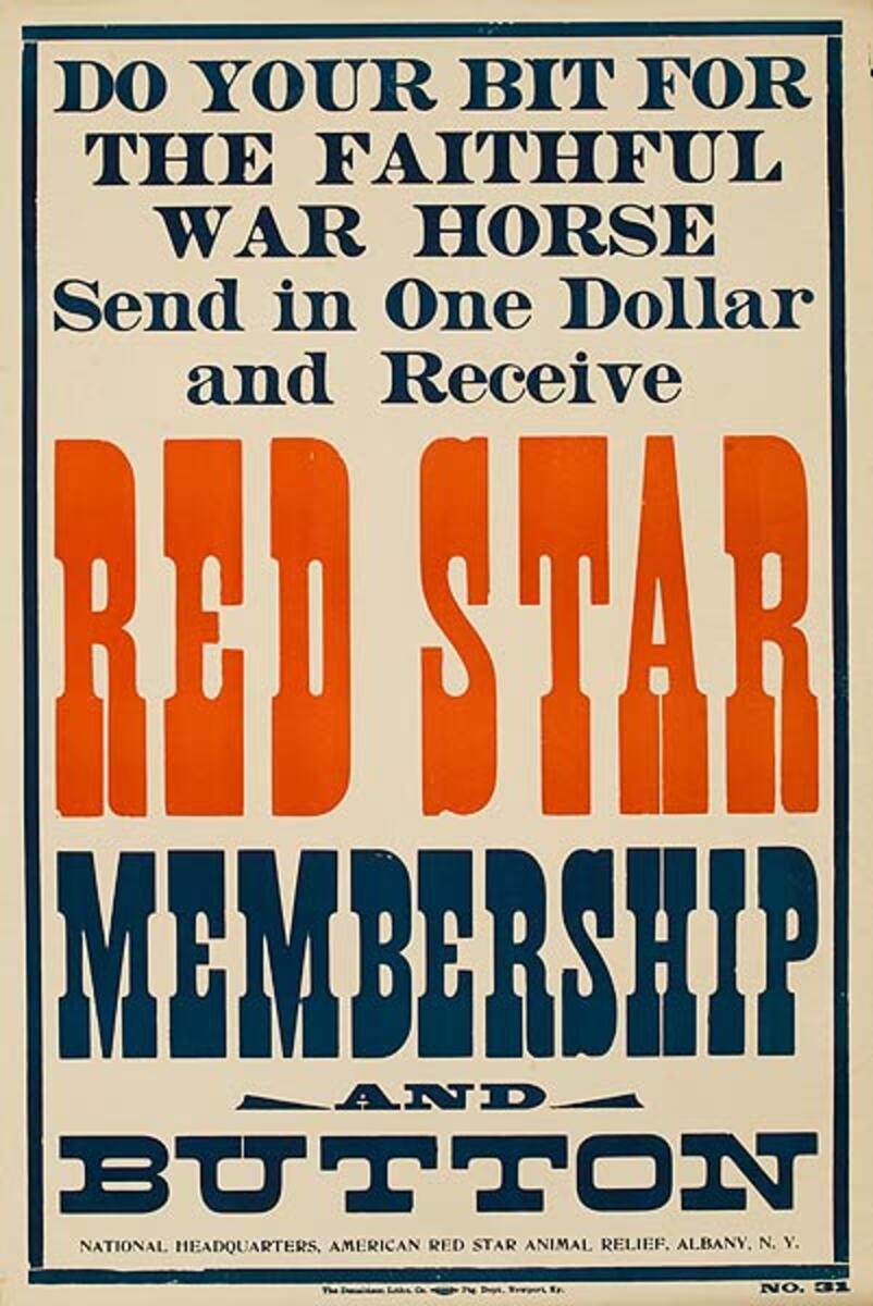 Red Star Membership and Button Original American WWI Animal Relief Poster