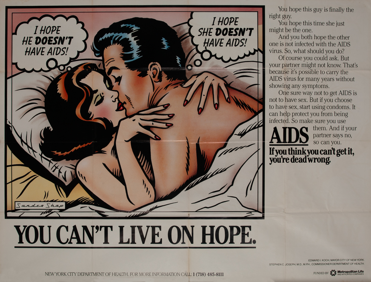 Original NY Department of Health AIDs Health Awareness Poster You Can't Live on Hope
