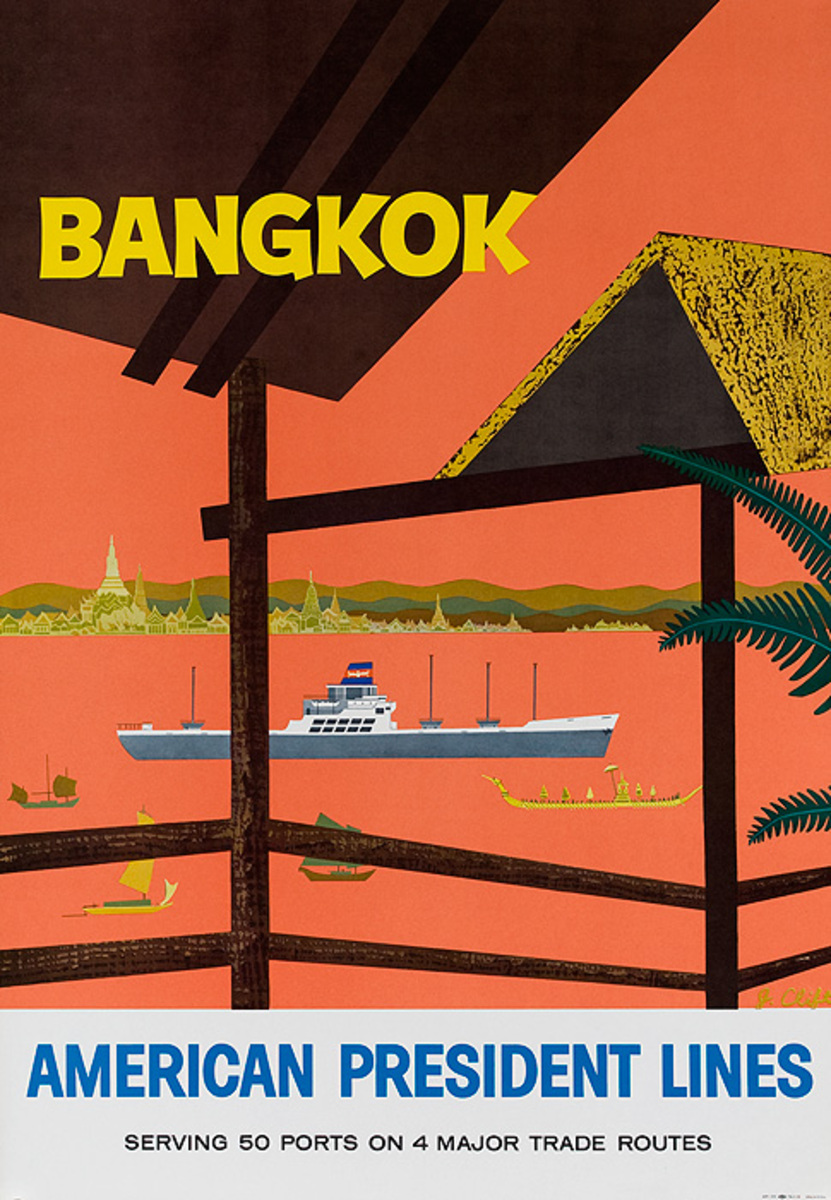 American President Line APL Bangkok Thailand Original Travel Poster