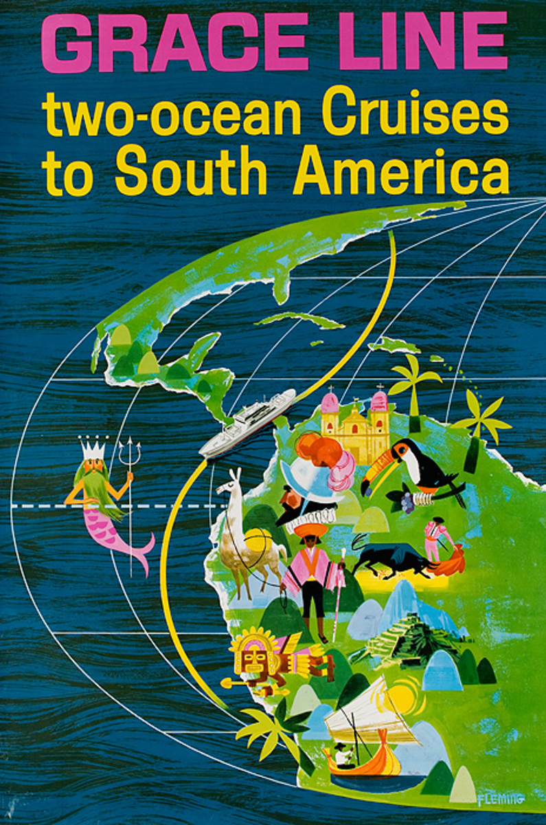Grace Lines Two Ocean Cruises to South America Original Travel Poster