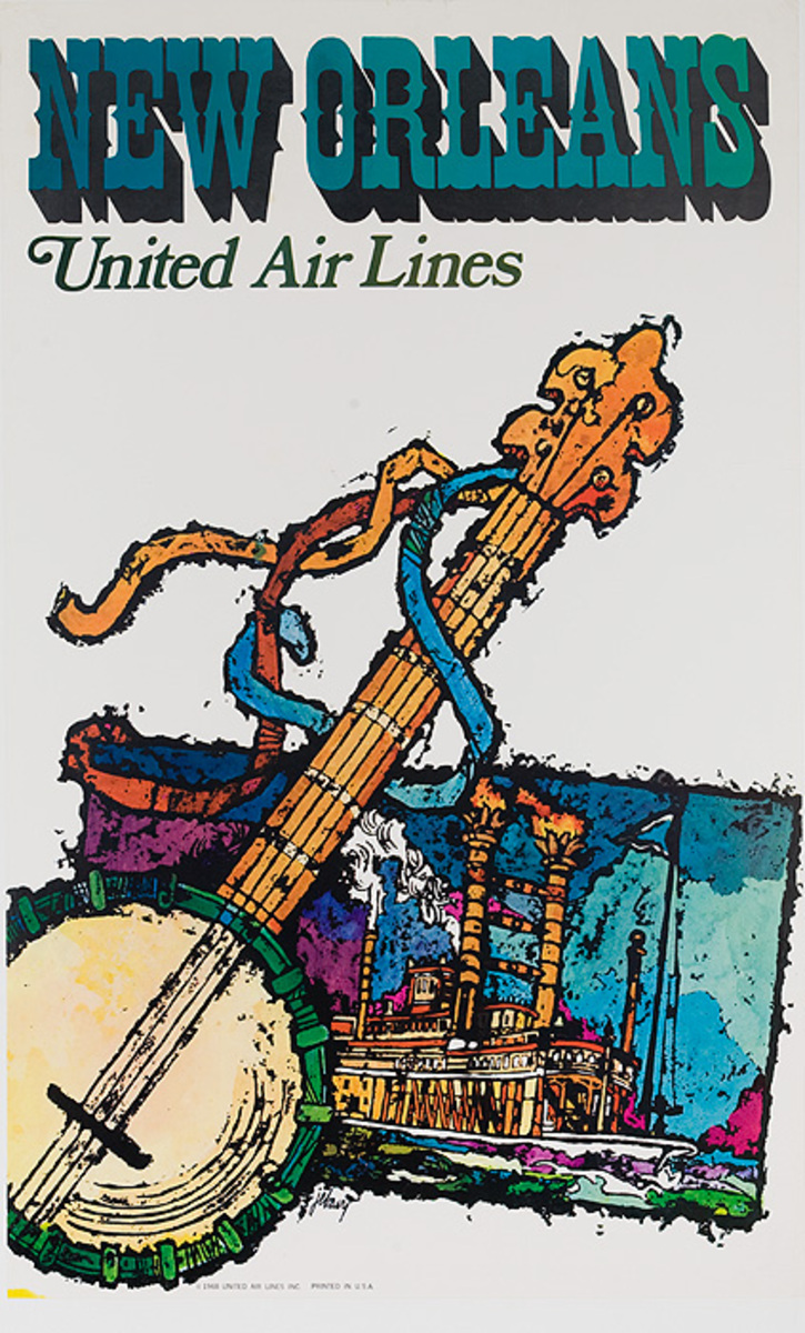 United Air Lines Original New Orleans Travel Poster Banjo