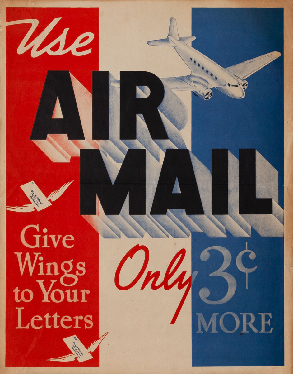 Use Air Mail Only 3c More Original American Postal Poster