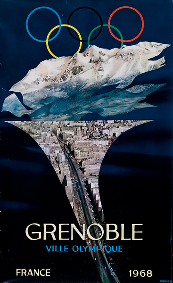 Original 1968 Grenoble Winter Olympics Travel Poster Torch 