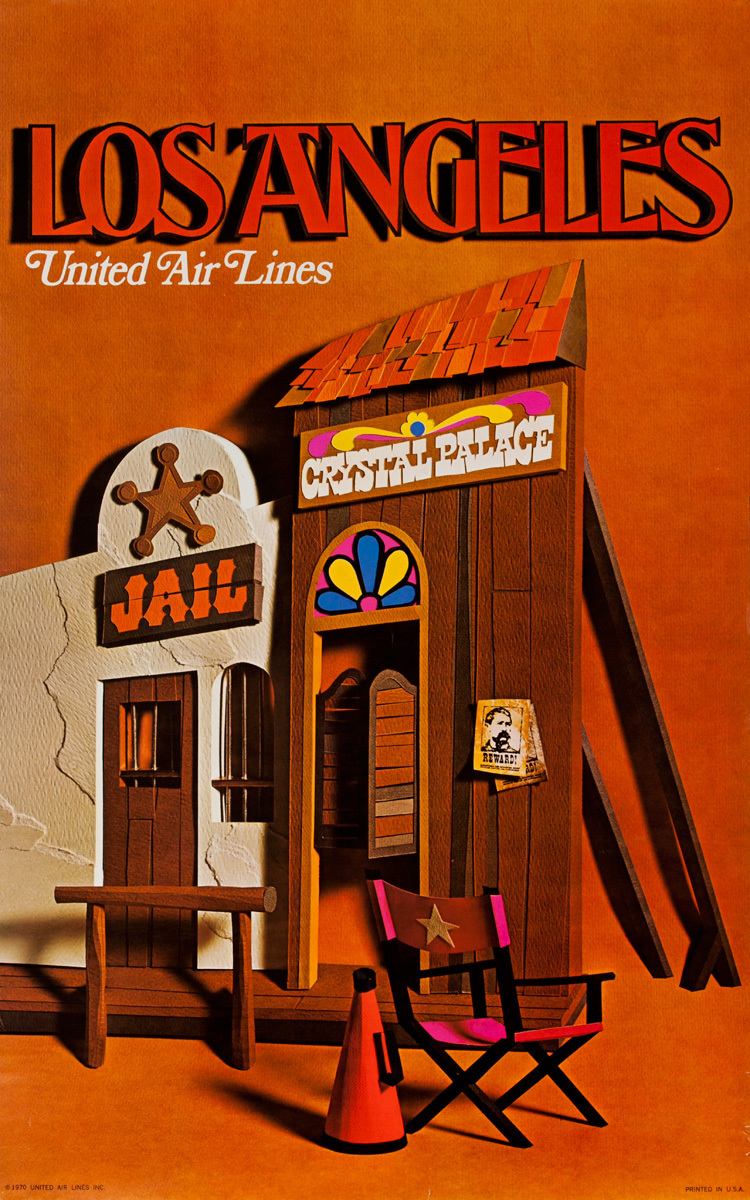 Los Angeles United Air Lines Original Travel Poster Western Movie Set
