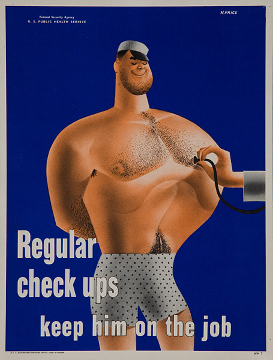 Keep Him on The Job Original WWII Home Front Poster Regular Check Ups