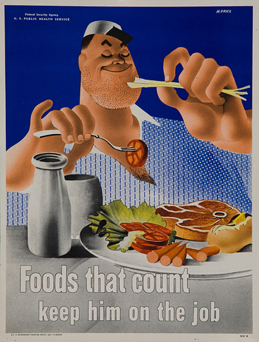 Keep Him on The Job Original WWII Home Front Poster Foods That Count