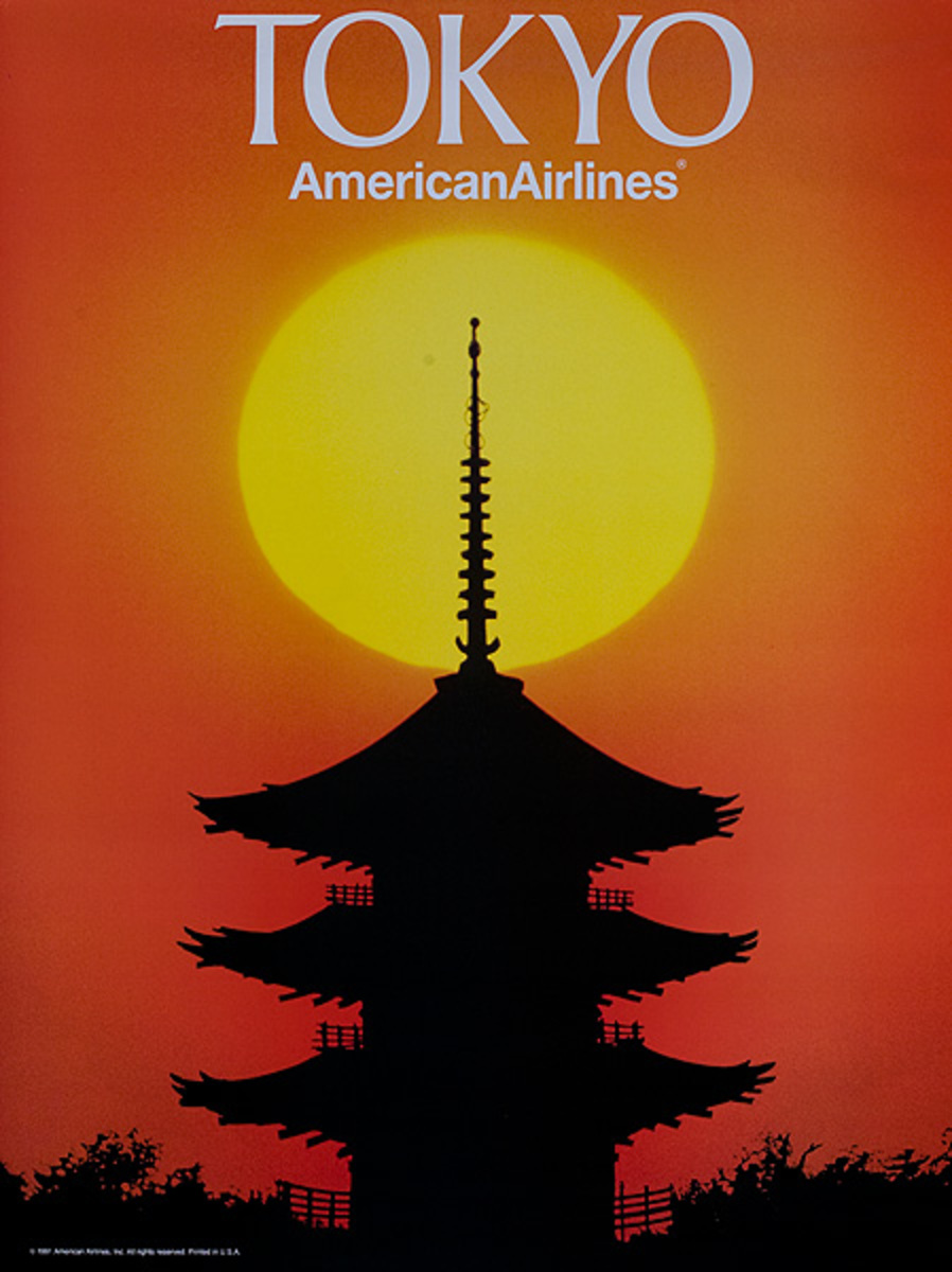 American Airlines Original Travel Poster Tokyo Pagoda at Sunset photo