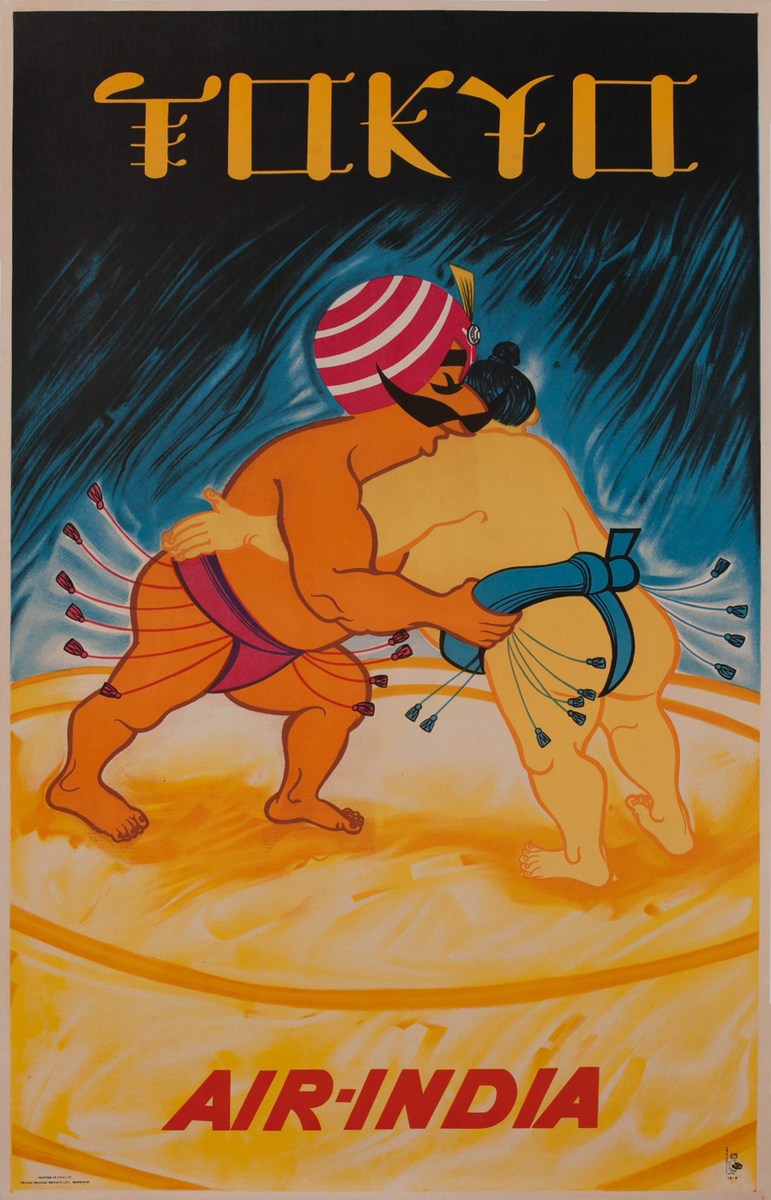 Air India Original Travel Poster Tokyo Sumo Wrestler