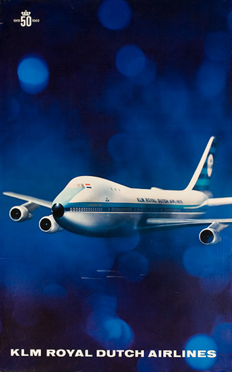 KLM Royal Dutch Airlines1919 -1969 50th Anniversary Original Travel Poster 747 