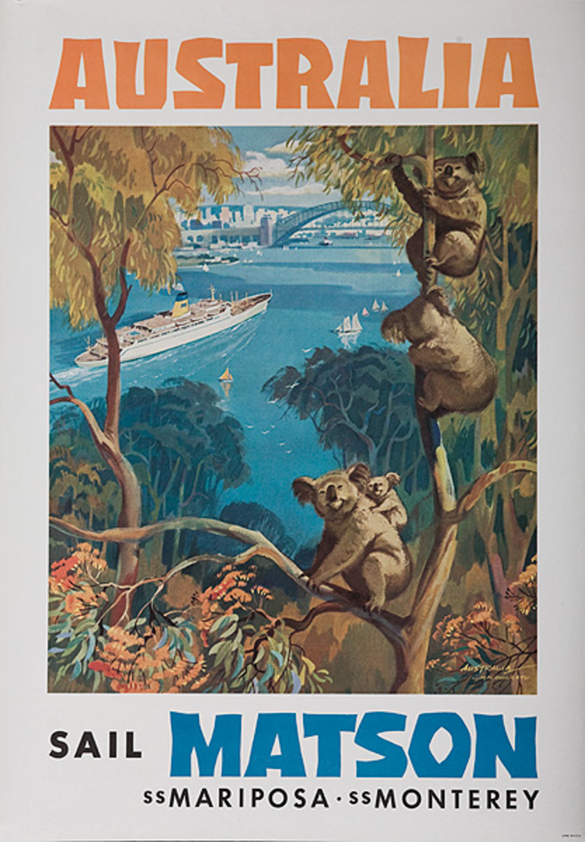 Australia Sail Matson SS Mariposa SS Monterey Original Cruise Ship Travel Poster